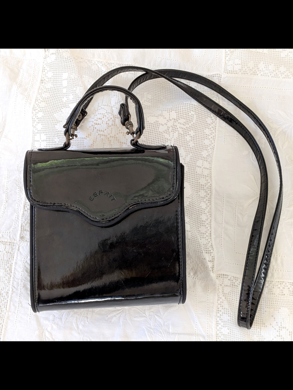 Vintage Y2K Era Esprit Black Patent Mini Top-Handle Crossbody w Removable Strap